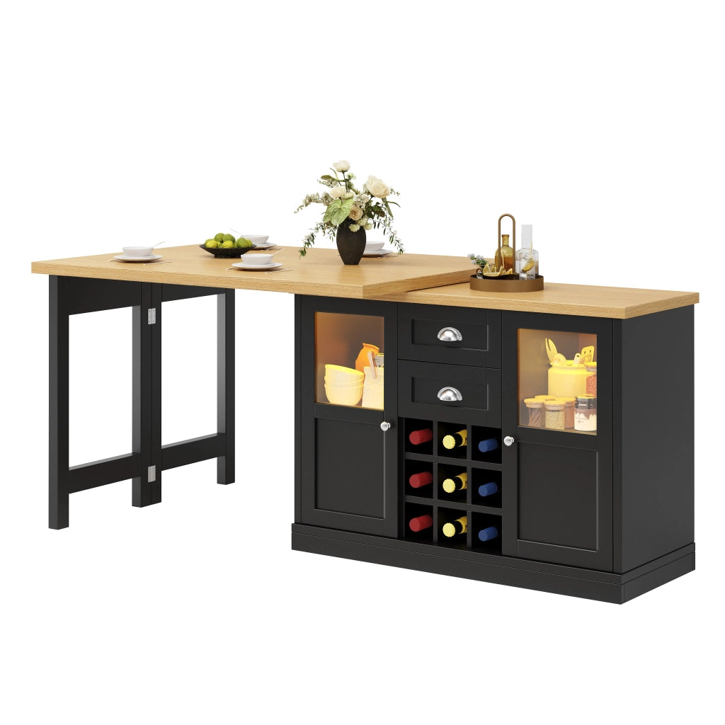 Tavolo da pranzo estensibile con LED a 3 colori; 2 cassetti; 2 armadietti con ante in vetro e portabottiglie; per cucina e soggiorno