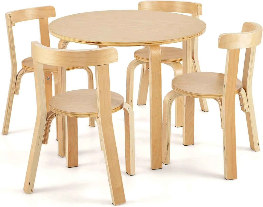 Set Tavolo e Sedie per Bambini - Schienale Curvo in Legno, 4 Sedie, Tavolo Attività per Bambini, Capacità di Peso 25kg, 4+ Anni, Naturale