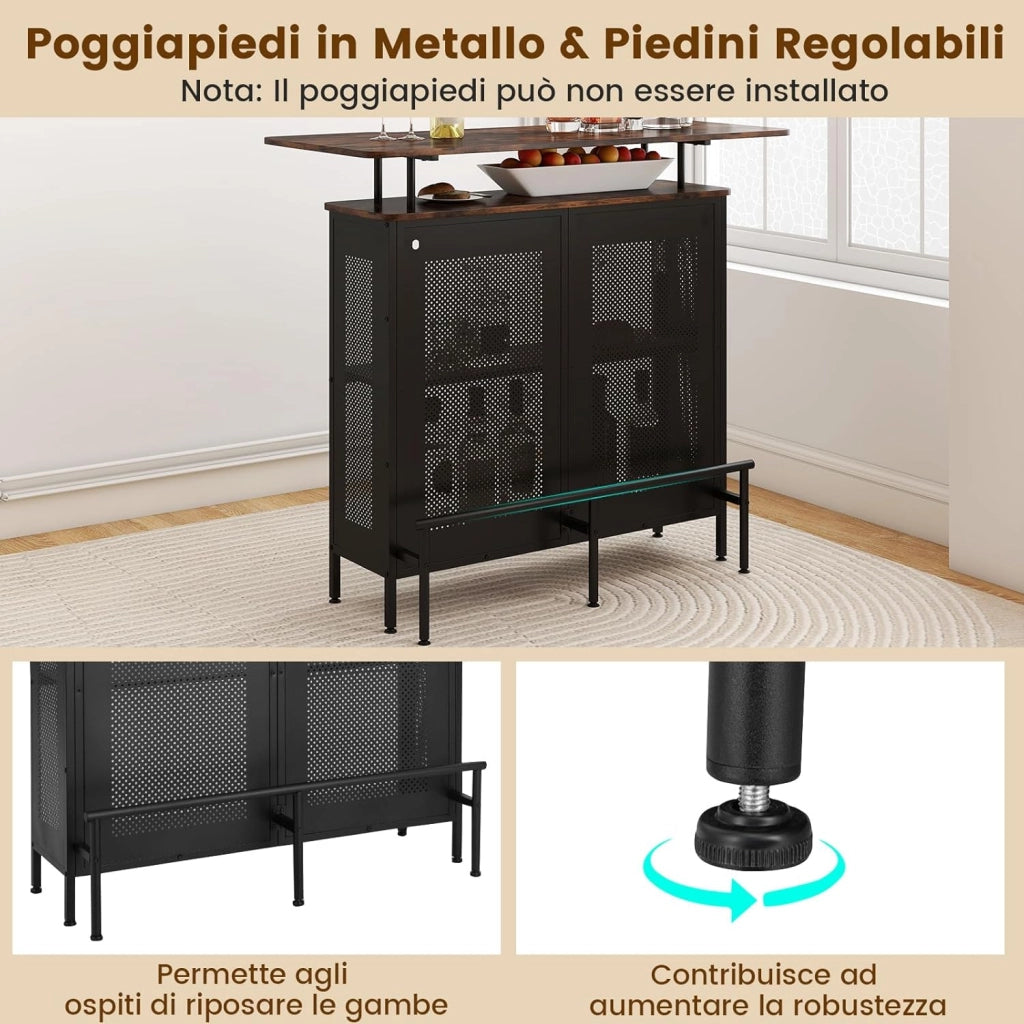 Mobile Portabottiglie a 4 Livelli, Portabottiglie per Vino da Terra con 2 Ripiani Porta Vini e Porta Calici, per Cantine, Sala da pranzo e Cucina (Naturale, 120 x 50 x 106,5 cm)