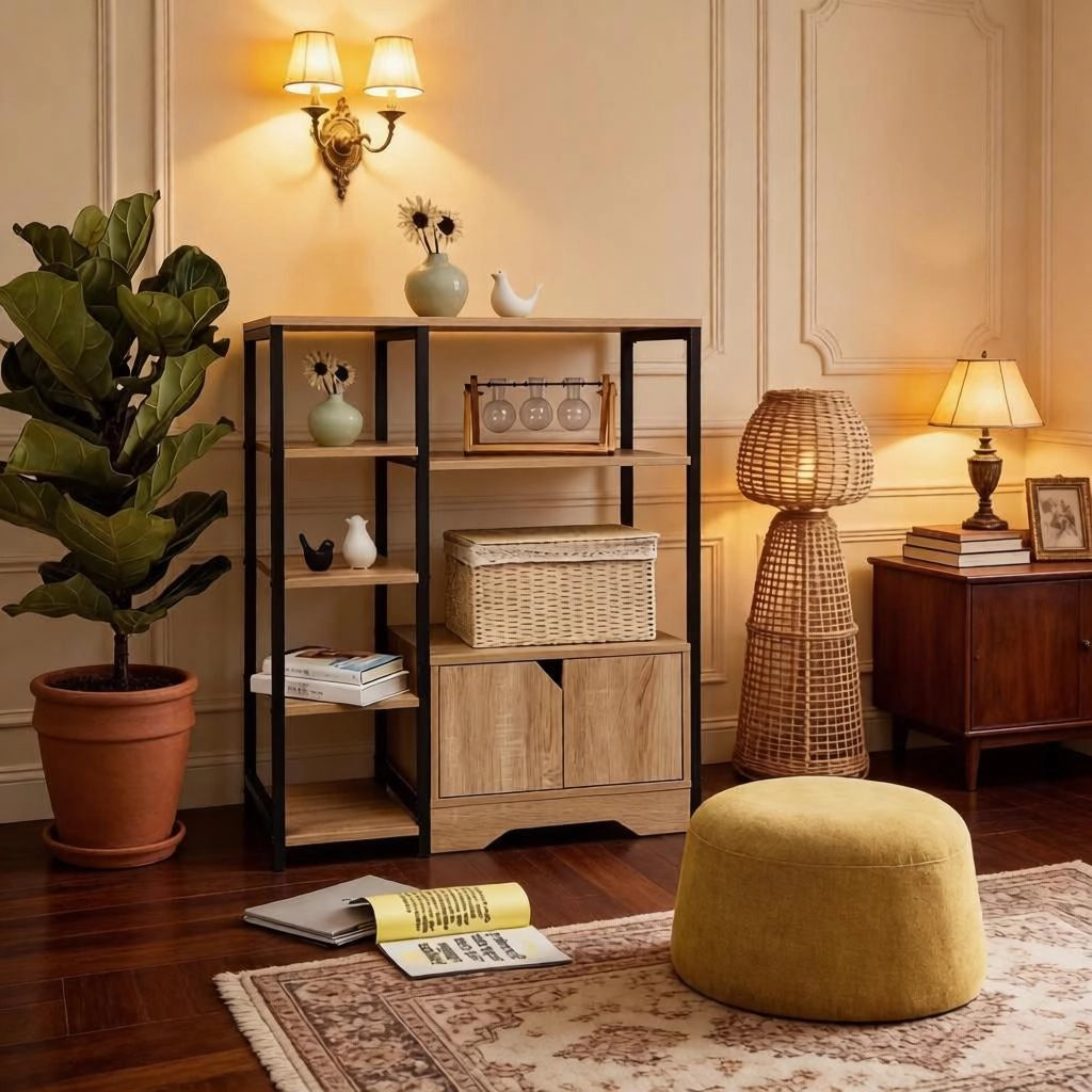Libreria compatta con 4 ripiani e cassetto in legno colore rovere chiaro per casa e ufficio 80 × 35 × 97 cm