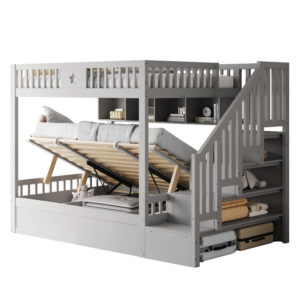 Letto a Castello 140×200 cm; Letto Matrimoniale con Contenitore Idraulico; Scala Contenitore e Mensole; senza Materasso