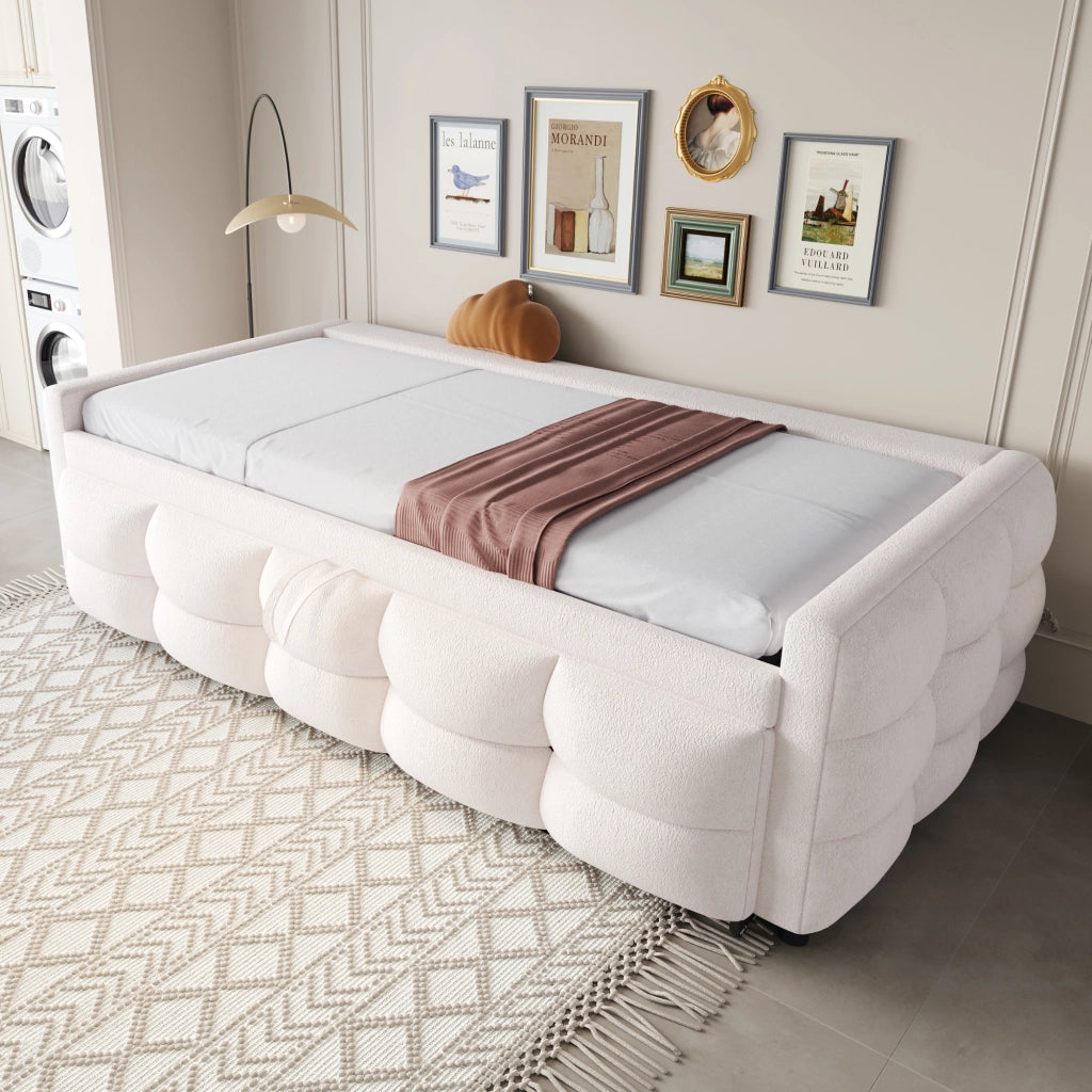 Letto imbottito combinato estraibile 90/180 x 190 cm in Teddy, beige, con rete a doghe, senza materasso