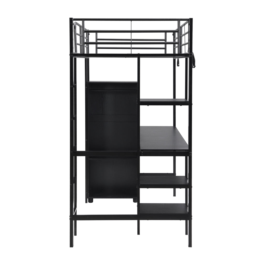 DESMIU Letto a soppalco singolo con scrivania, armadio, 3 ripiani e scala a 5 gradini 90 × 200 cm senza materasso nero