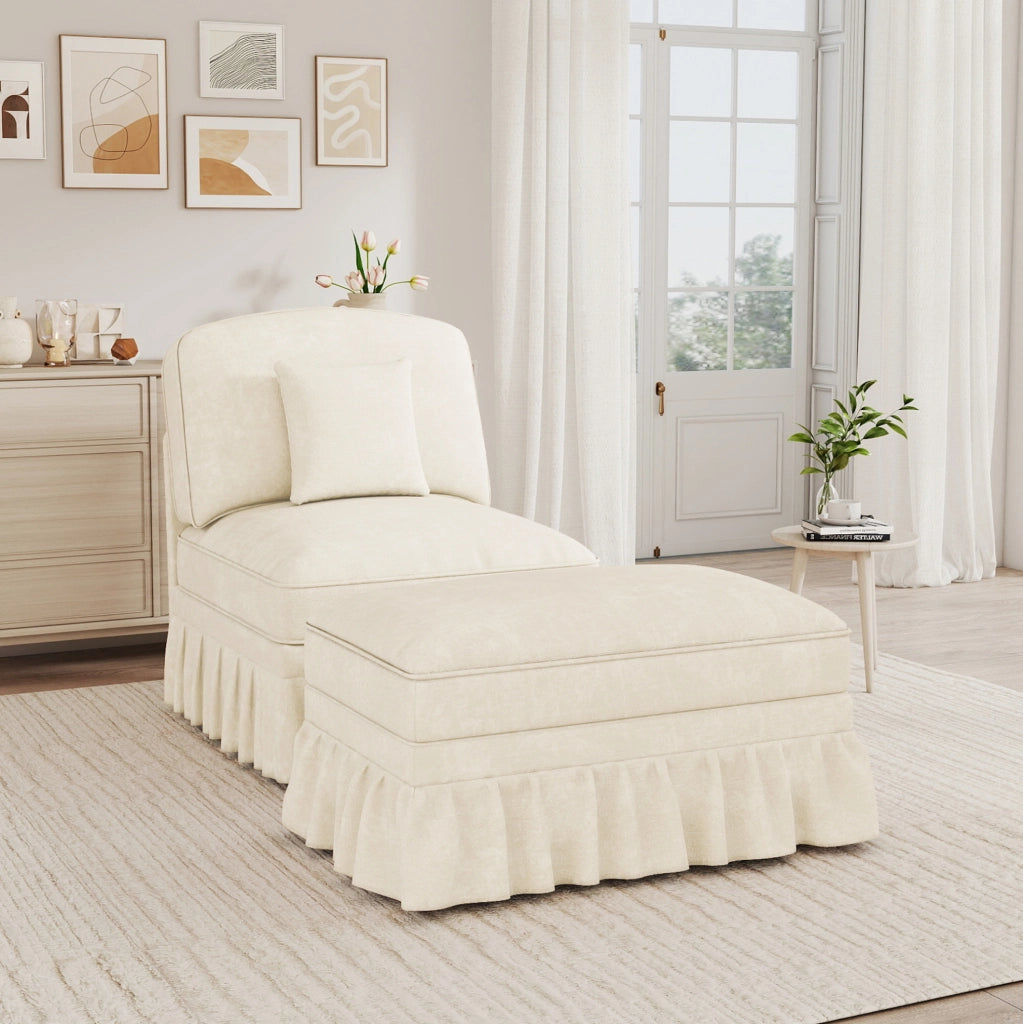 Divano in chenille con gonna rimovibile e cuscino mobile; bianco