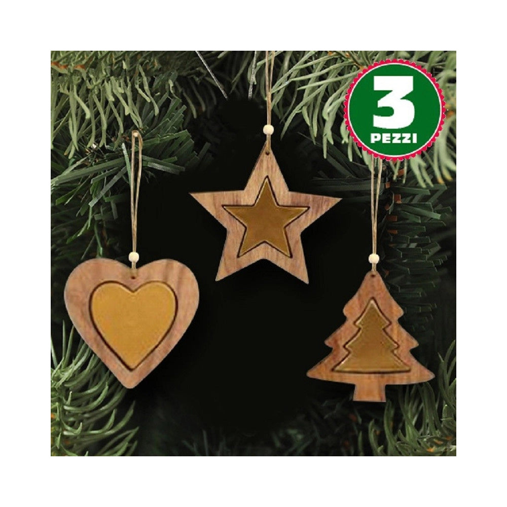 Trade Shop - 3 Appendini Natale In Legno Stella Albero Cuore Oro Decorazioni Natalizie -