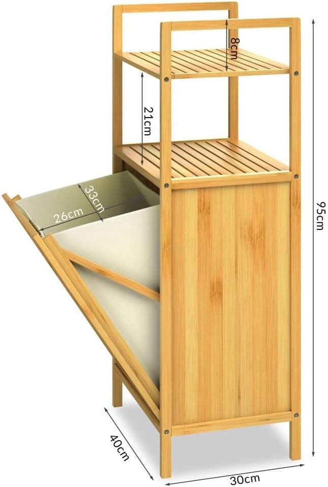 Mobile da Bagno con Cesta per Biancheria 36l Armadietto in Bambù 2 Ripiani con Cesto Panni Mobiletto Portabiancheria 95x40x30cm