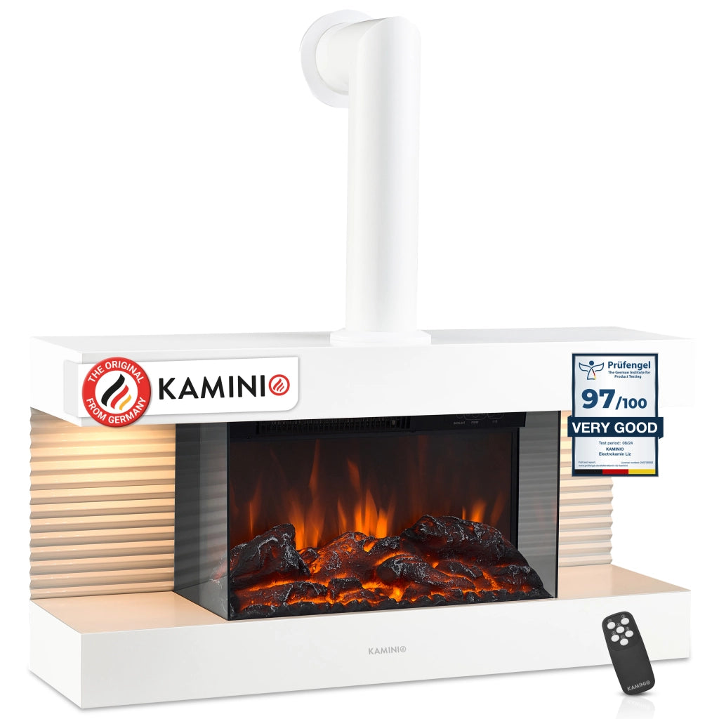 KAMINIO Camino elettrico LIZ con tubo del camino - Camino da parete con riscaldamento, fiamma 3D, luce ambiente a LED, telecomando - Bianco
