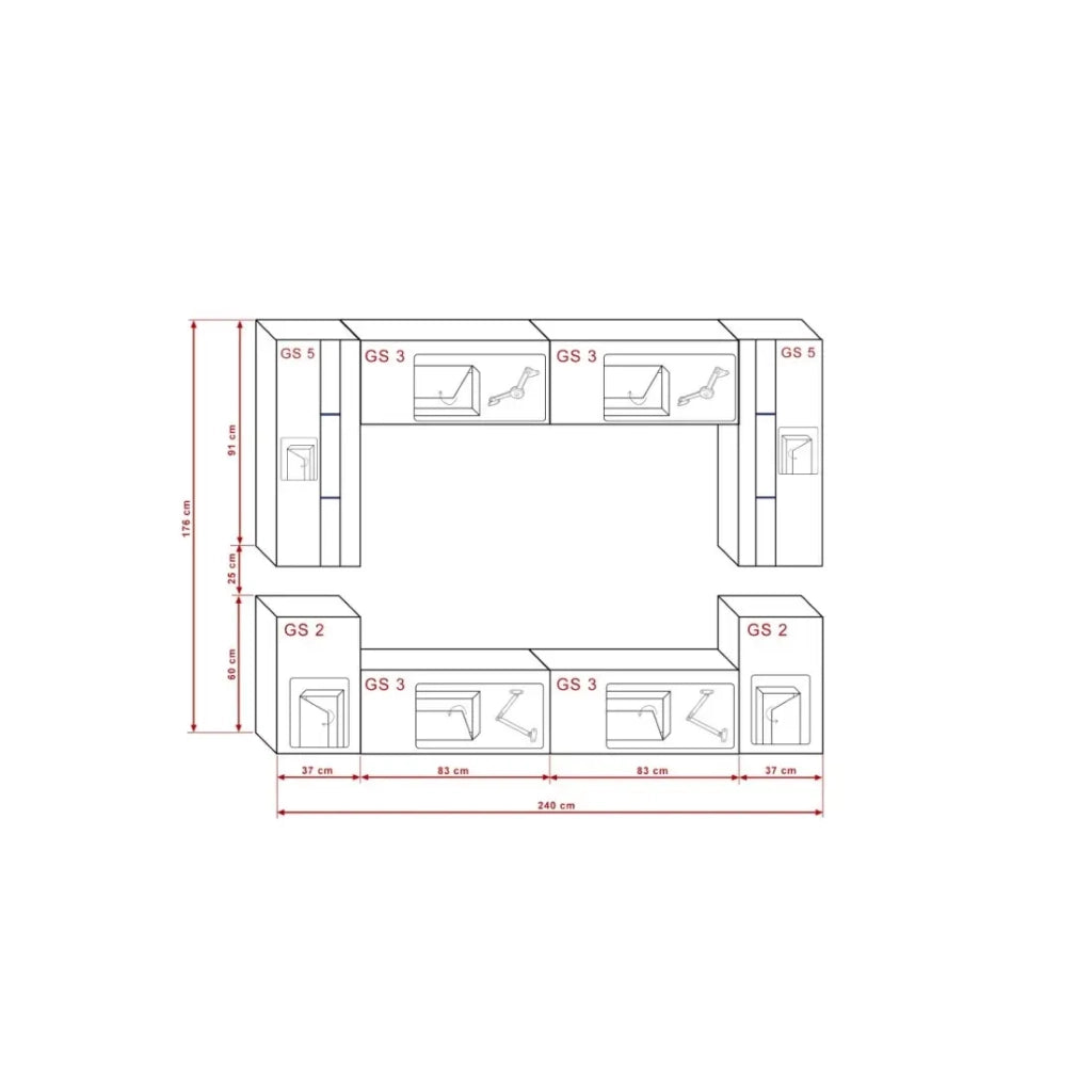 Set di mobili da soggiorno neri sospesi collezione CEPTO XXIV. 240cm, 8 pezzi, led, modulari.