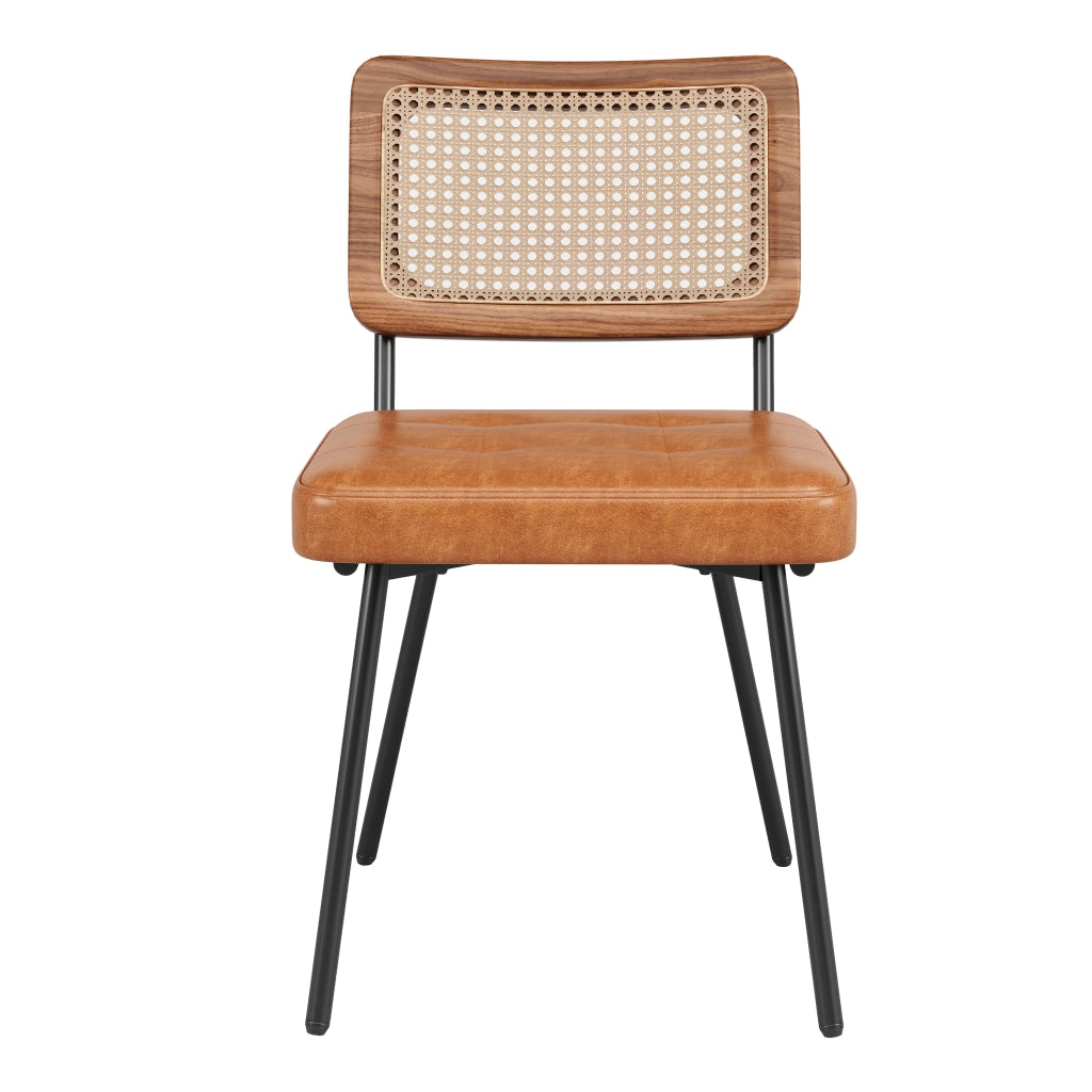 Sedia da pranzo in PU con schienale in rattan PE, seduta imbottita ed ergonomica, gambe in metallo marrone