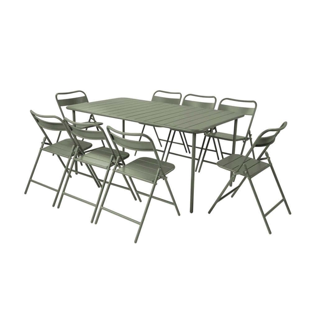 Set tavolo da giardino in acciaio con 8 sedie pieghevoli, 160cm, verde