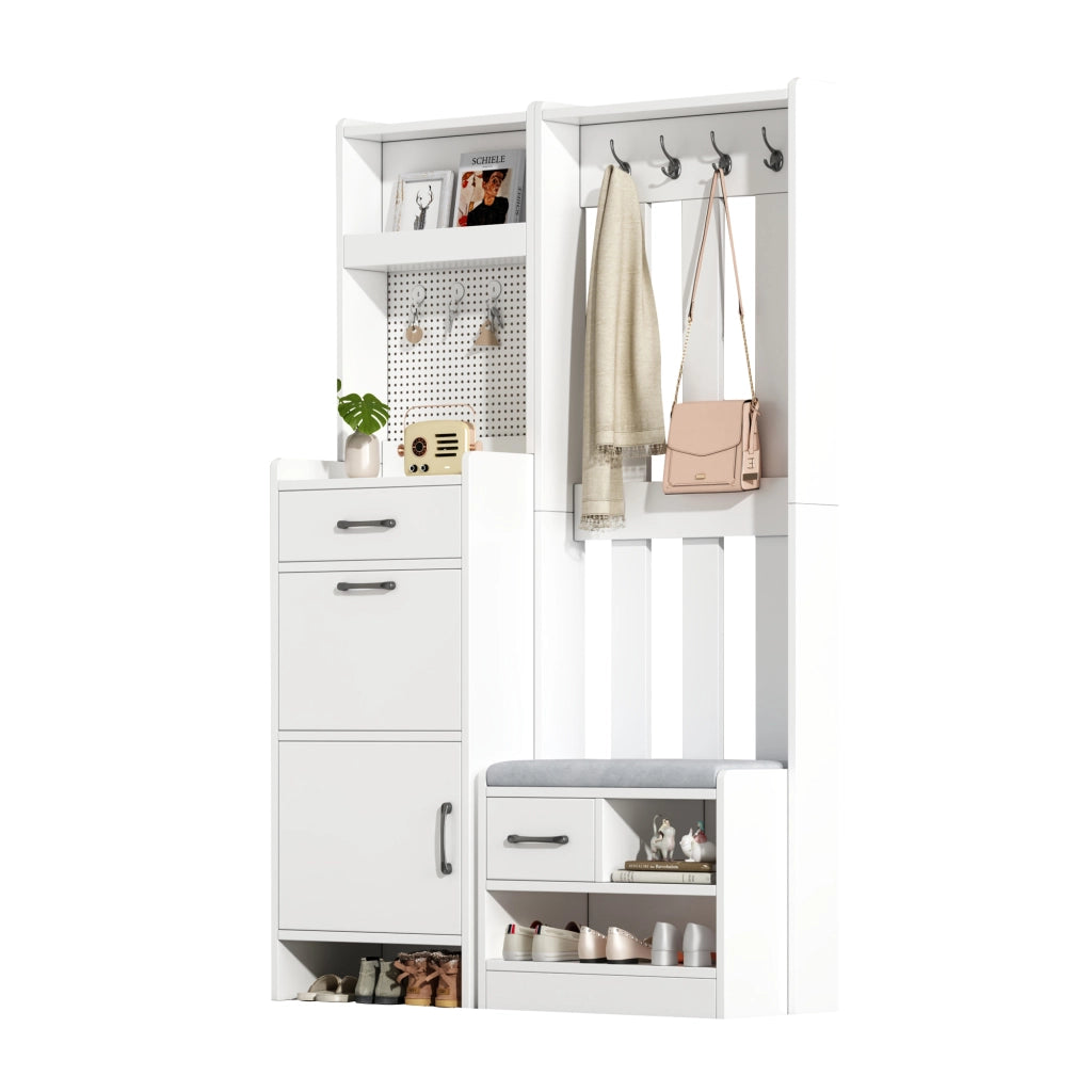 Mobili da ingresso con panca portascarpe e 2 cassetti, 7 ganci e pannello forato, bianco 110 × 35 × 175,5 cm
