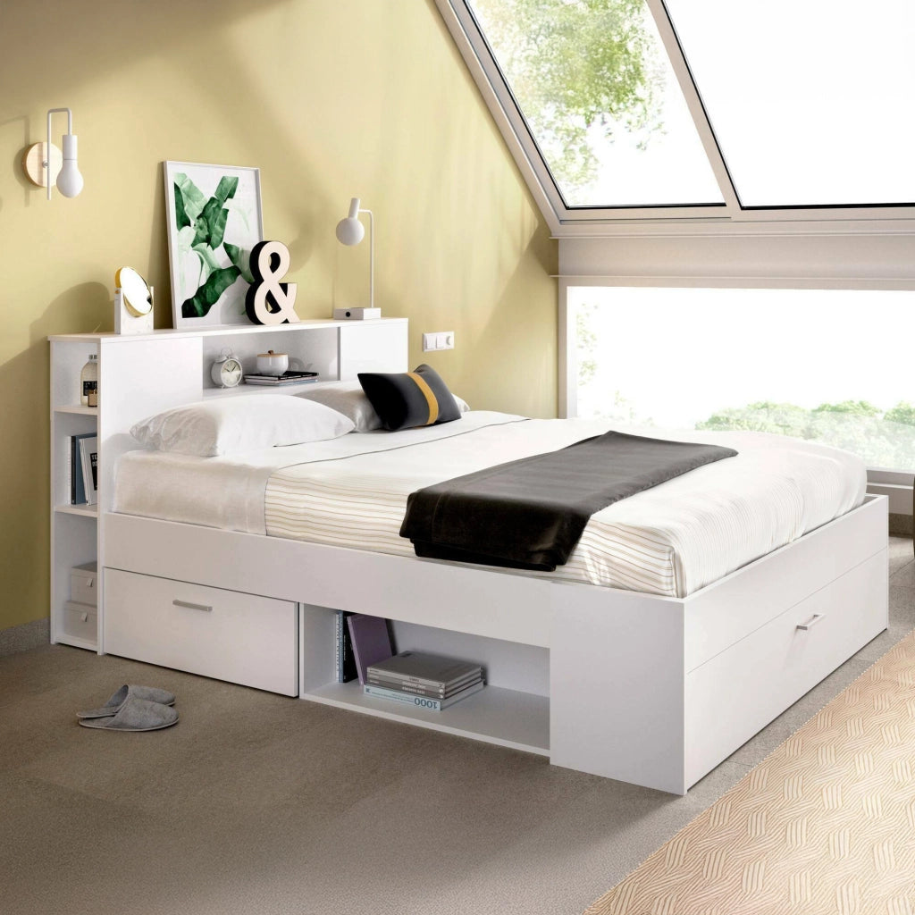 Letto alla francese Conching, Sommier per camera da letto, Giroletto per stanza, Struttura porta materasso, 150x219 h95 cm, Bianco