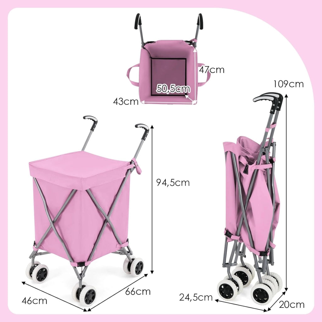 Carrello Spesa Pieghevole con Ruote, Carrello Portaspesa con Fodera in Tessuto Oxford Rimovibile e Impermeabile, 90L, Capacità di peso 55 kg (Rosa)