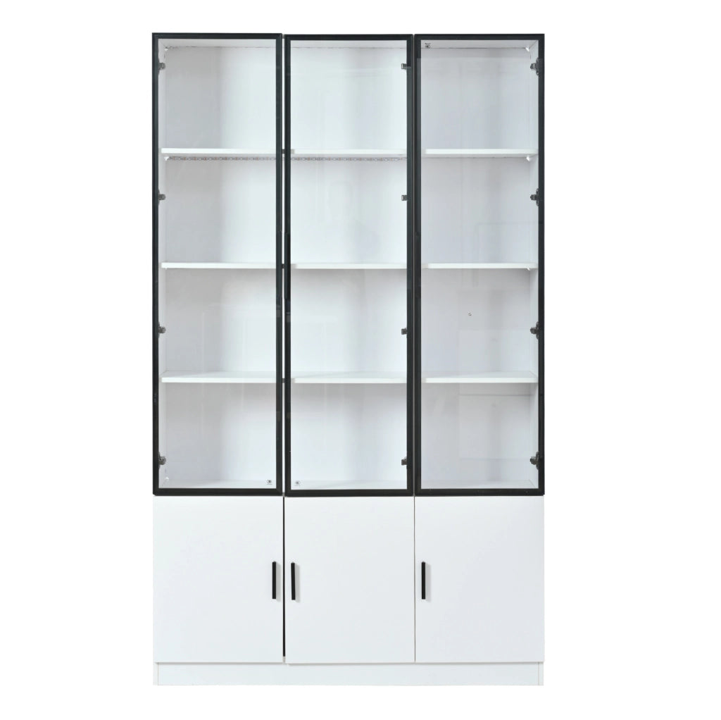 Vetrina alta 120 x 32 x 200 cm con 6 ante in vetro; LED controllato da app; bianco