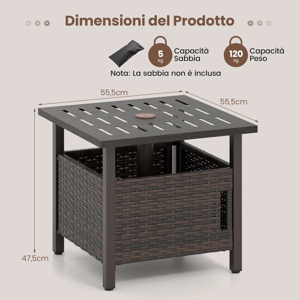 Tavolino da Esterno con Foro per Ombrellone da 4,9 cm, Tavolo da Patio in Rattan PE, Tavolino Laterale per Giardino, Terrazza e Bordo Piscina, Portata 120 kg