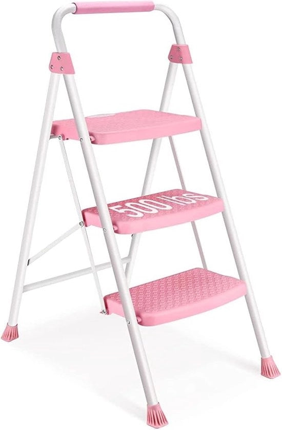 Scalino a 3 gradini, scala a pedale ampia, capacità di carico 150 kg, scala da trasporto, colore rosa