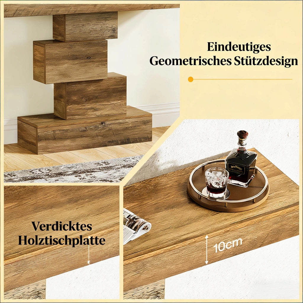 Consolle in legno con struttura geometrica e ripiani a gradini, per ingresso e soggiorno, 108 × 30 × 80 cm
