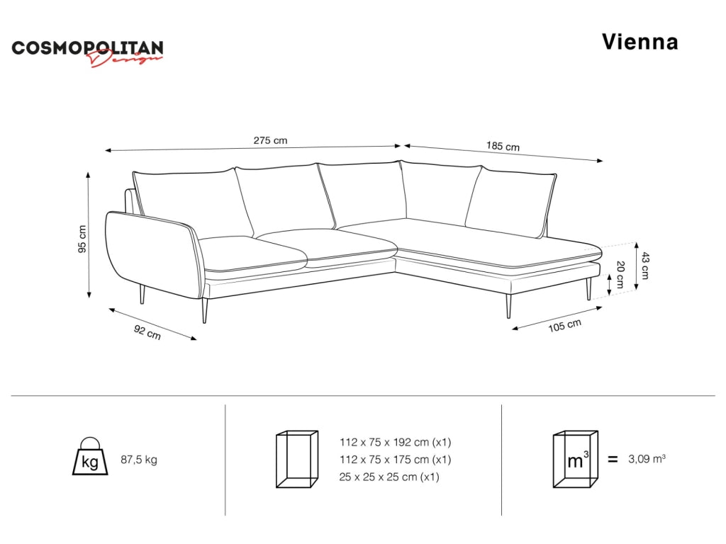 Cosmopolitan Design - Divano angolare destro "Vienna" 6 posti in tessuto strutturato grigio scuro 