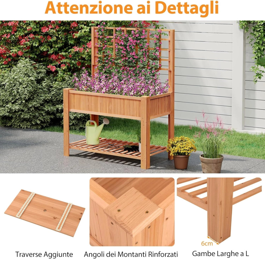 Letto da Giardino Rialzato, Fioriera Elevata con Traliccio, Mensola di Stoccaggio e Fori di Drenaggio, Orto Rialzato per Cortile, Giardino e Patio, 116 x 59 x 150 cm (Marrone)