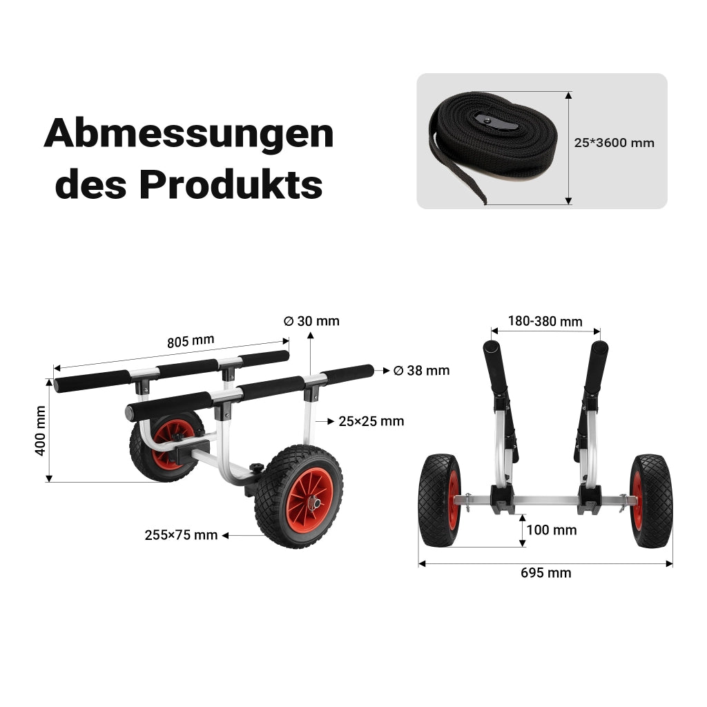 Carrello da trasporto per kayak In alluminio con ruote in PU Ø 22 cm Larghezza regolabile Max 90 kg