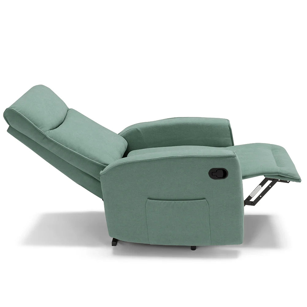 Poltrona relax manuale Londra, reclinabile manualmente, 3 diverse posizioni, design moderno, seduta ergonomica, tessuto idrorepellente, colore Salvia