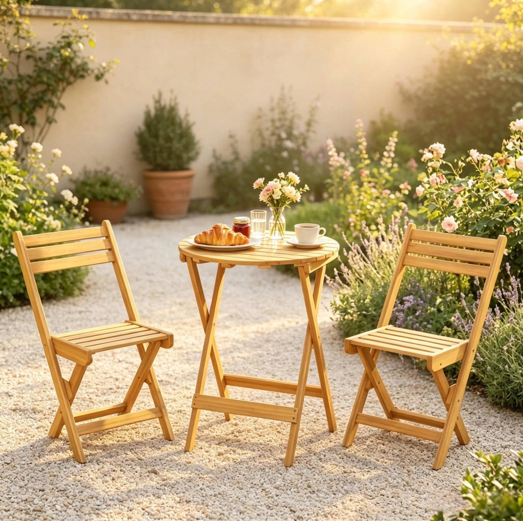 Set bistrot pieghevole da esterno con tavolo Ø 60 cm e 2 sedie in legno di acacia naturale