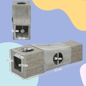 Tiragraffi per gatti con tunnel e due cucce interne in peluche, design combinato in poliestere marrone 98 × 30 × 30 cm