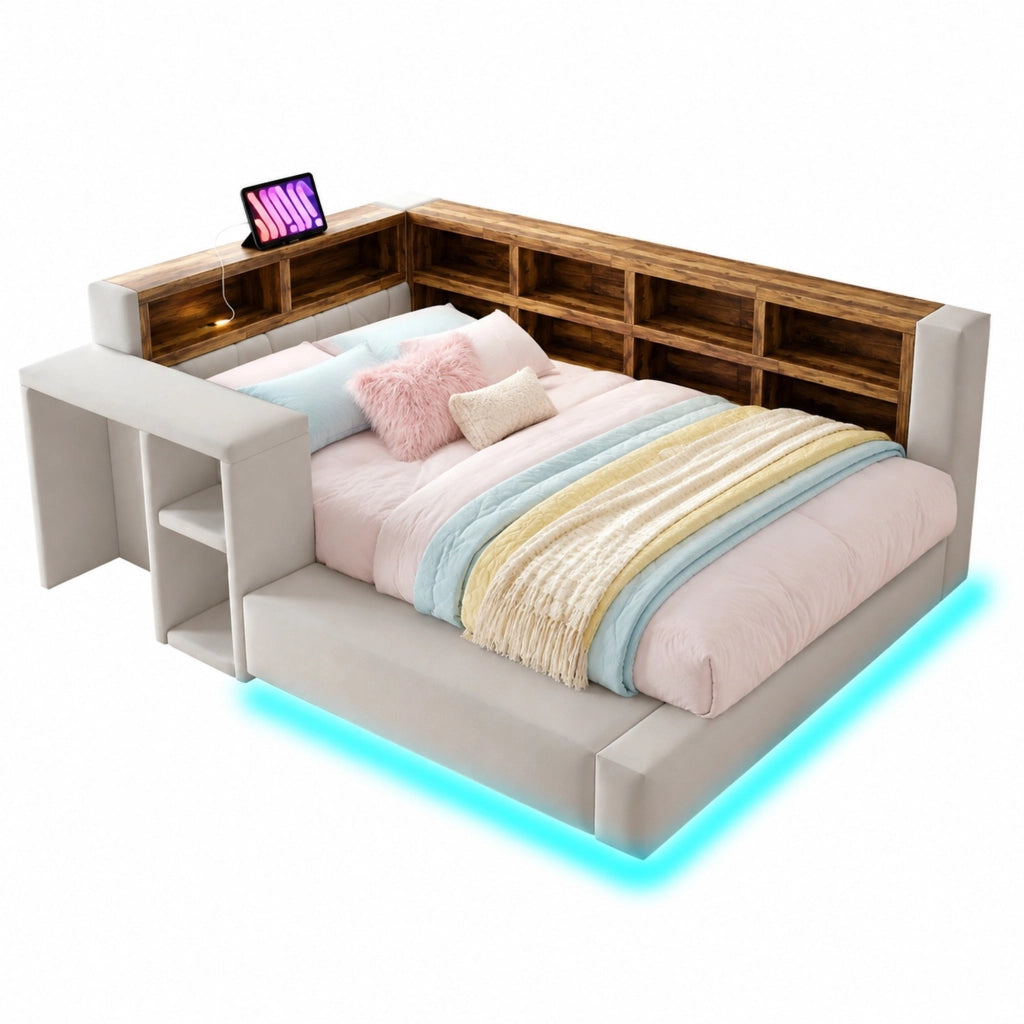 Letto imbottito 90x200 cm con contenitore; LED; prese integrate e comodino; grigio chiaro