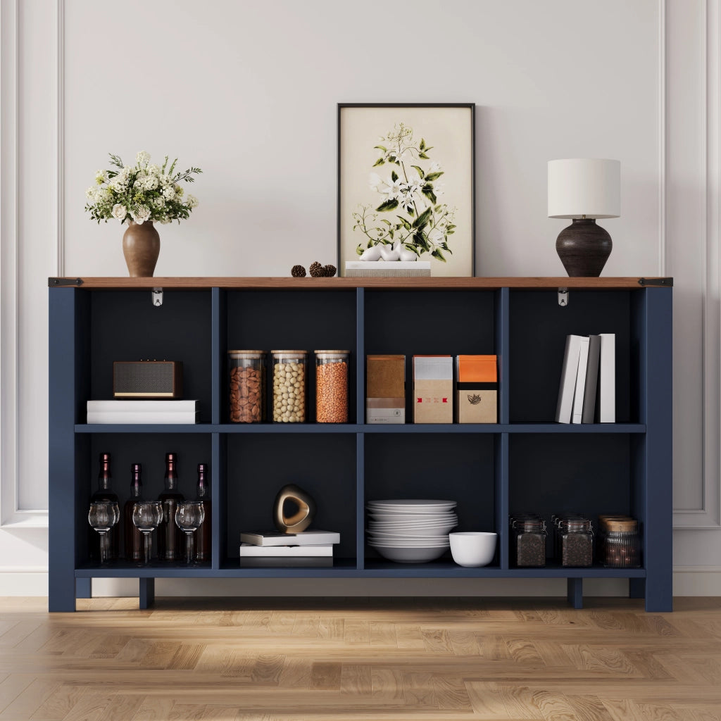 Libreria con 8 vani aperti; per soggiorno e cucina; in MDF blu; 140×34×75 cm