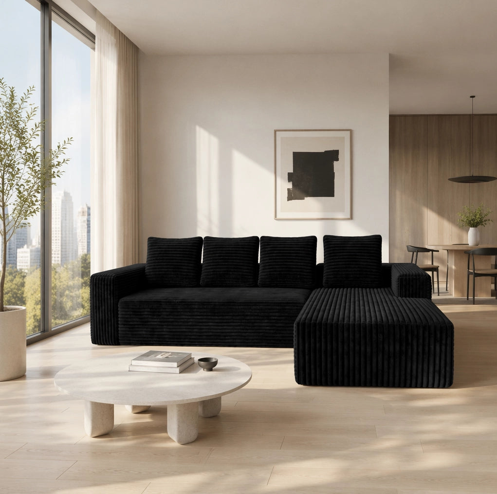 Divano modulare angolare a L con chaise reversibile; senza montaggio; in velluto a coste nero