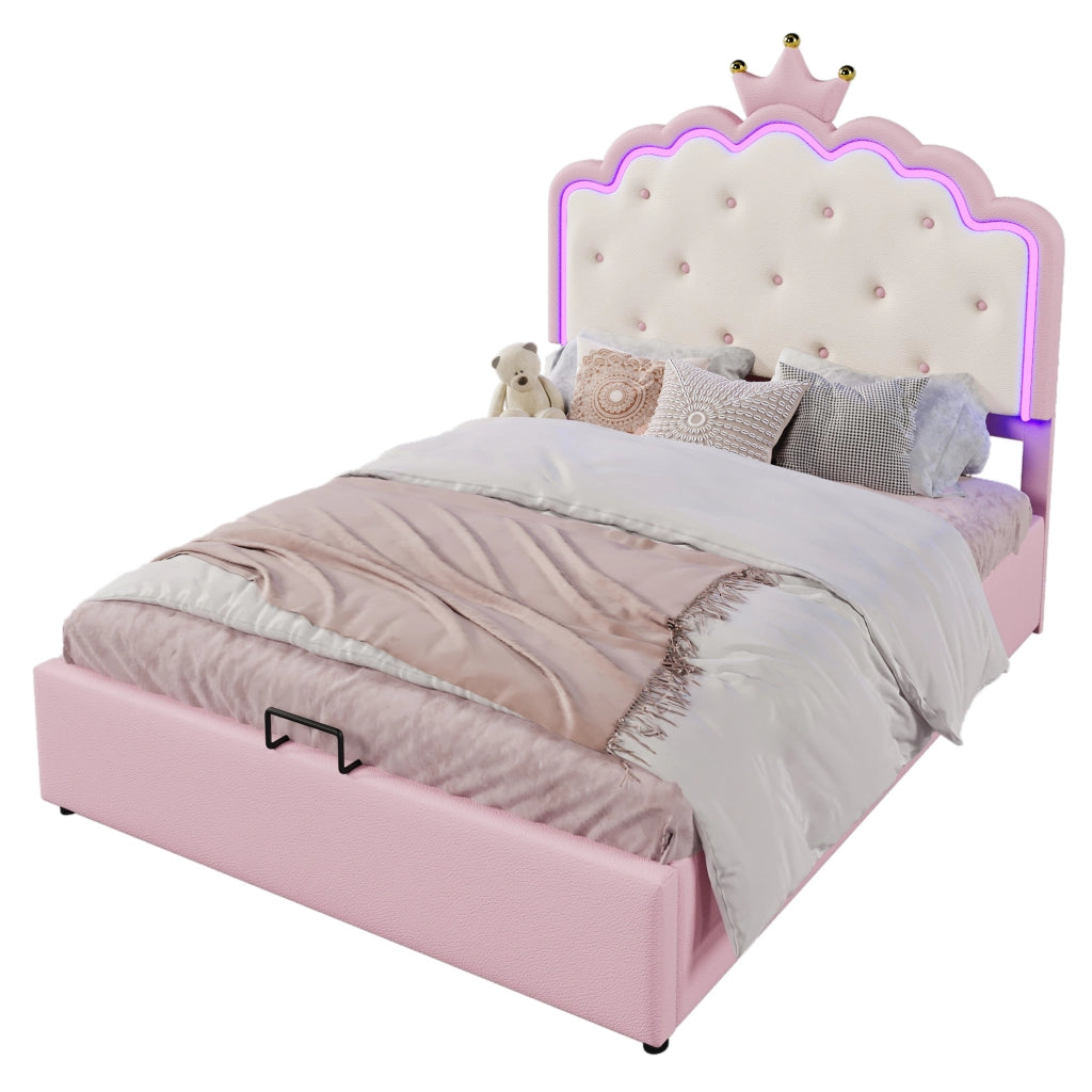 Letto imbottito 140x200 cm con luce LED e vano contenitore; PU rosa (Senza materasso)