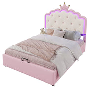 Letto imbottito 140x200 cm con luce LED e vano contenitore; PU rosa (Senza materasso)