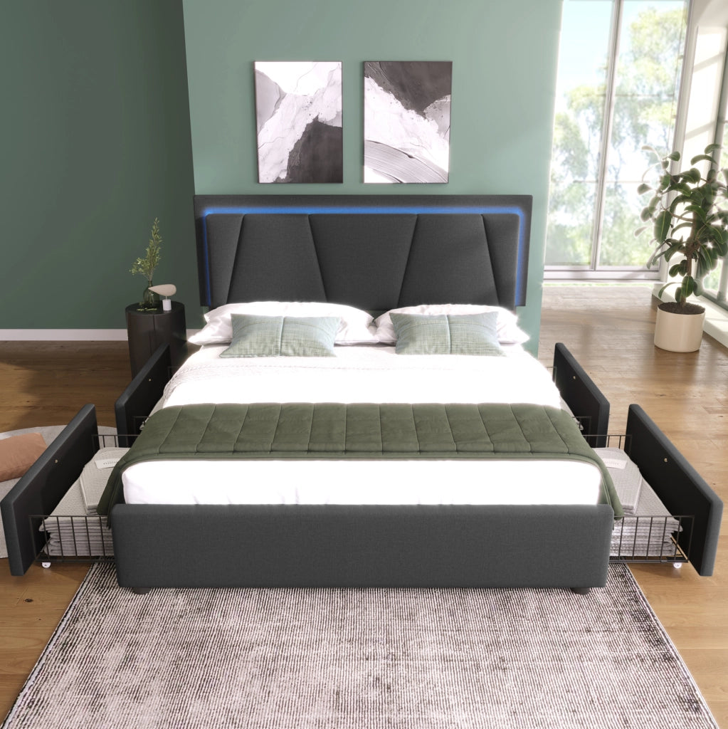 Letto matrimoniale 160x200 cm imbottito con LED; 4 cassetti e testiera regolabile; grigio