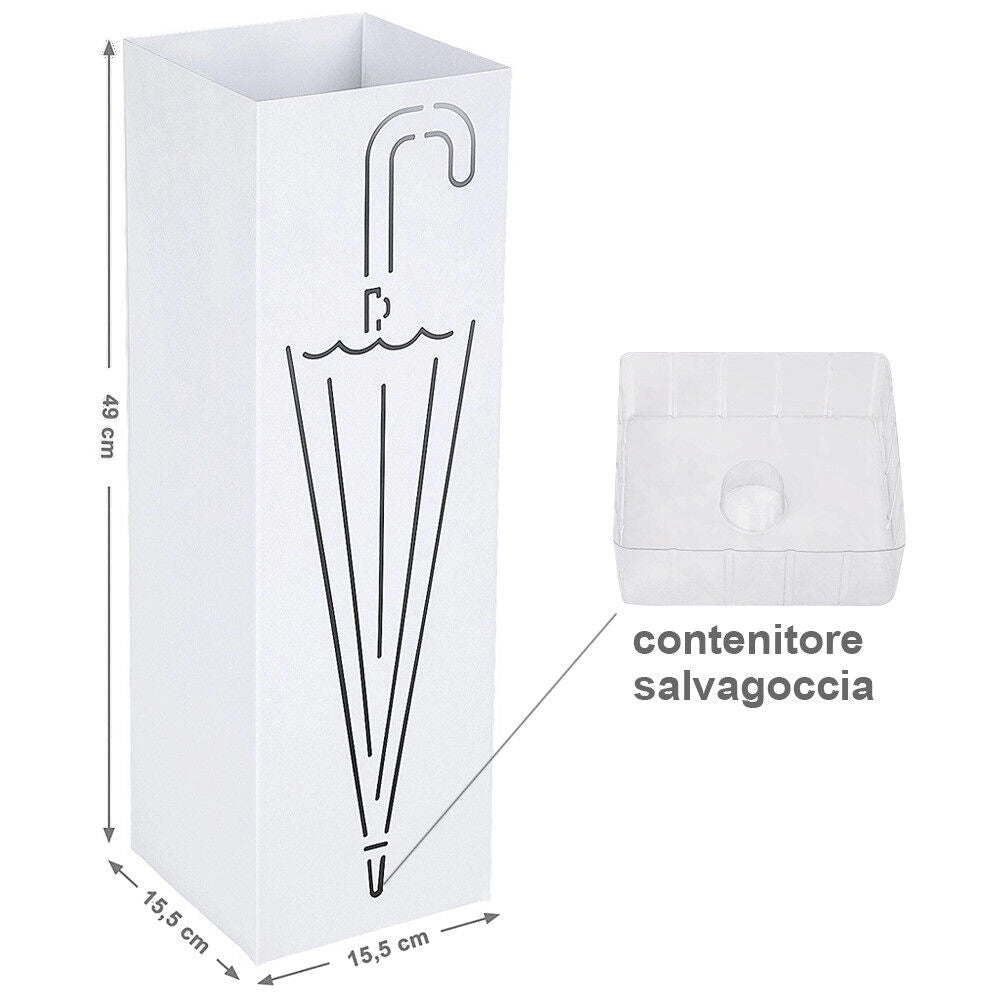 Portaombrelli in Metallo Design Quadrato Stand Bianco Vaschetta Salvagoccia
