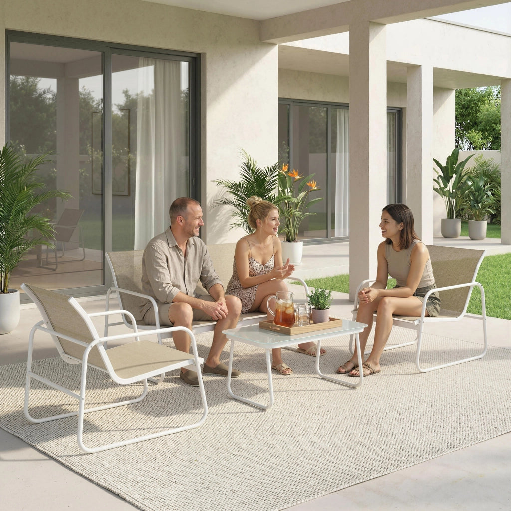 Set Giardino 4 Pezzi con Divano 2 Posti 2 Poltrone e Tavolo Vetro Temperato ¨C zephmum ¨C Tessuto Textilene Colore Cachi