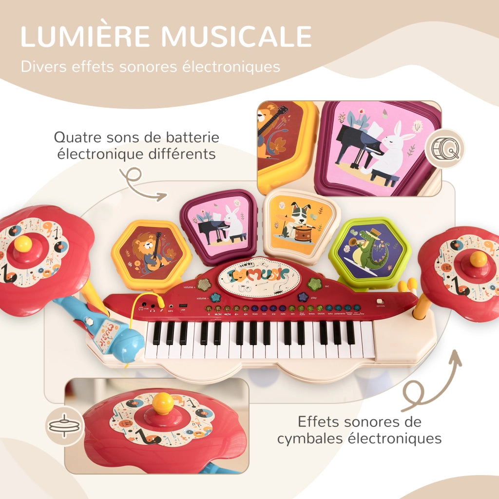 Piano e Batteria Elettronica per Bambini con Microfono e Sgabello ¨C zephmum ¨C 2 in 1
