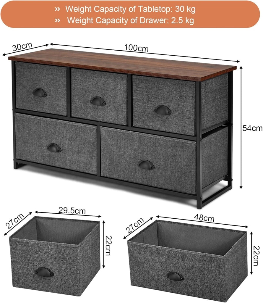 Cassettiera con 5 Cassetti, Armadio Interno Mobiletto Multiuso, Comò e Cassettiere con Struttura in Metallo, 100 x 30 x 54 cm, Nero