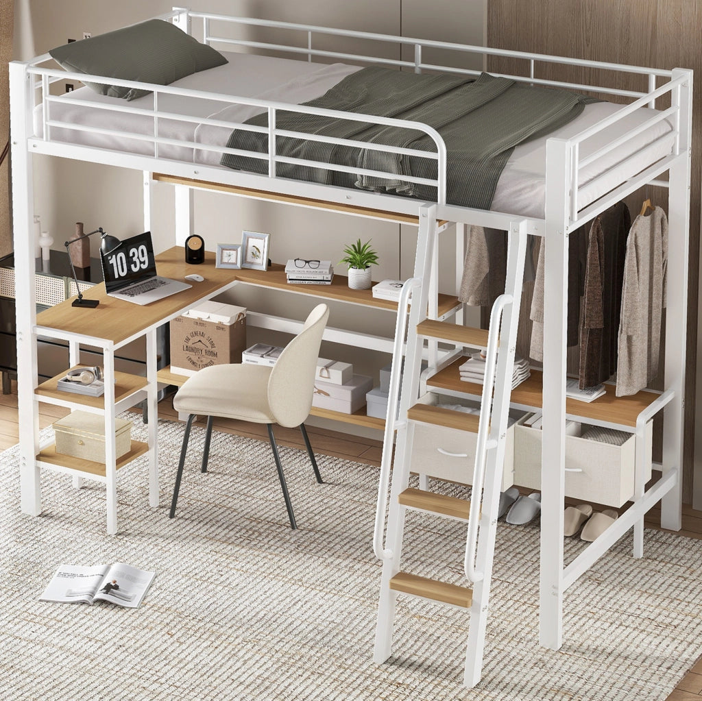Letto a soppalco 90x200 cm con scrivania, box contenitive e scaffale