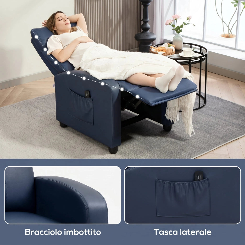 Poltrona Massaggiante Reclinabile 68x88x98 cm con Telecomando e Poggiapiedi in Pelle PU Blu Scuro