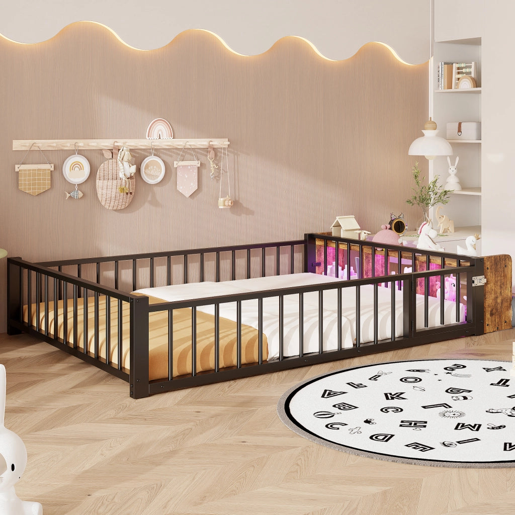 Letto in metallo con cassetti LED 140x200 MDF nero e metallo