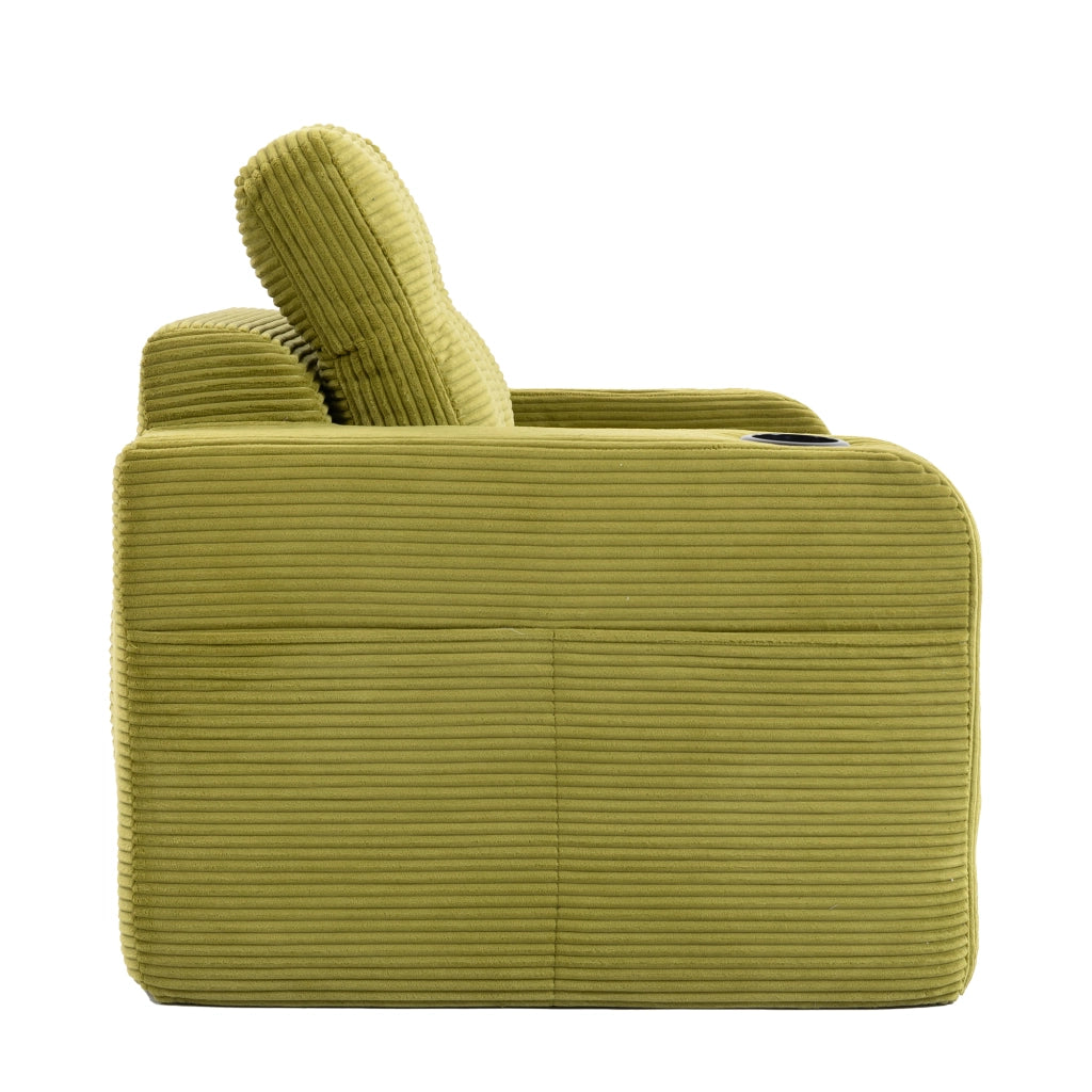 Divano modulare a 2 posti in velluto a coste con portabicchieri e tasche laterali verde oliva 136 × 80 × 82,5 cm