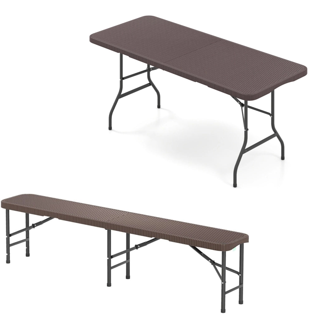 Tavolo pieghevole portatile da 180 cm e panca pieghevole in plastica, Tavolo da campeggio e sedile portatile pieghevole a met¨¤ Marrone