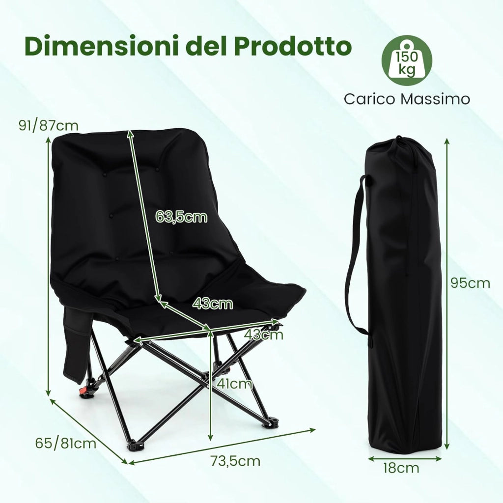 Sedia da Campeggio Portatile, Sedia Pieghevole Imbottita con Schienale Regolabile e Tasca Laterale, Seduta da Giardino in Metallo con Borsa da Trasporto, Portata 150 kg