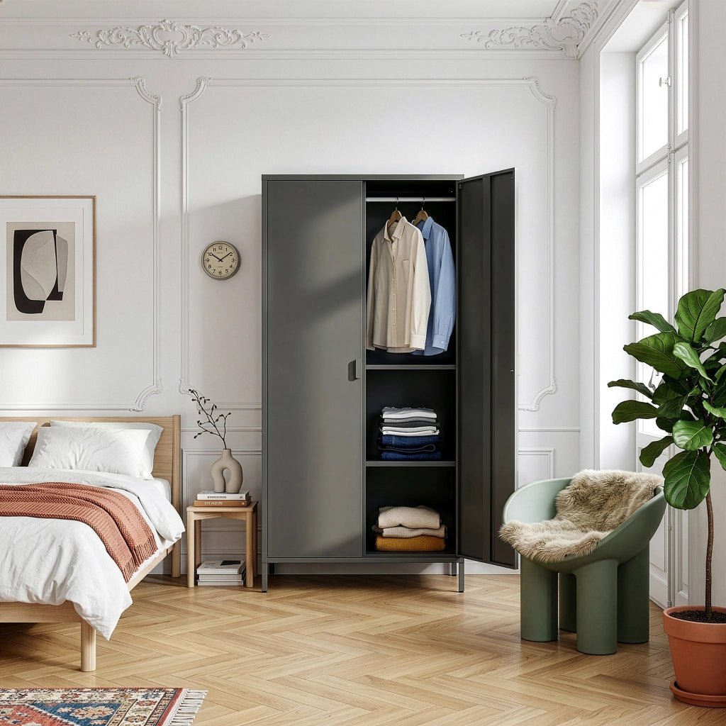 Armadio Guradaroba Esteli in Acciaio a 2 Ante con 2 Barre Appendiabiti e 4 Ripiani 170 x 80 x 45 cm - Nero [en.casa]