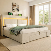 Letto imbottito 160x200 cm beige con LED, USB e vano idraulico