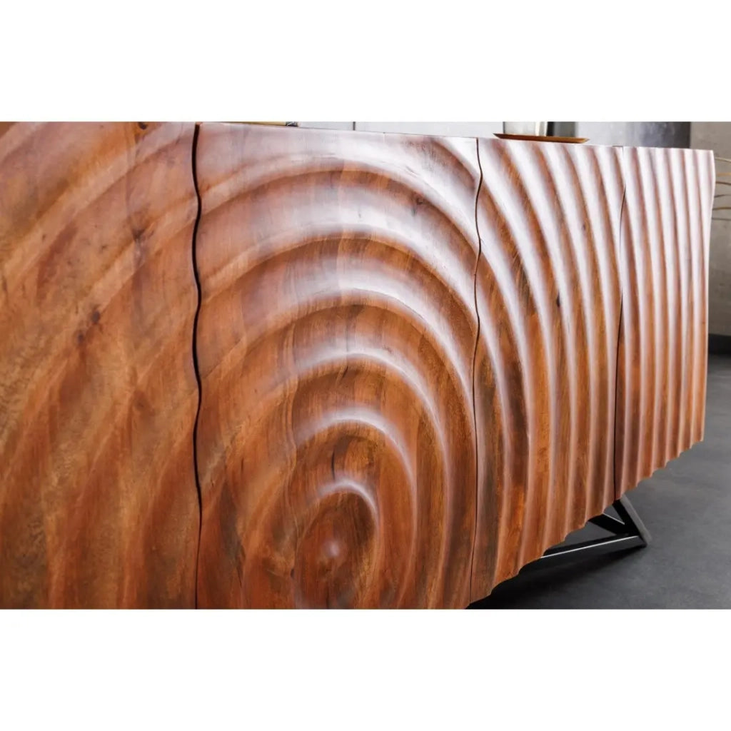 Buffet ZENWOOD 180 cm – Legno massiccio scolpito 3D e metallo nero – 4 porte