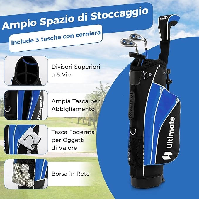 Set Completo di Mazze da Golf per Bambini, Inculude Fairway 3, Ferri 7 e 9, Putter, Copritesta, Borsa Portatile e Cappuccio Antipioggia, Set da Golf per Destrimano(Per 11-13 Anni)
