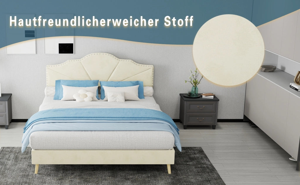 DESMIU Lit simple 140 × 200 cm con testiera geometrica e borchie, senza materasso, in tessuto e metallo, beige