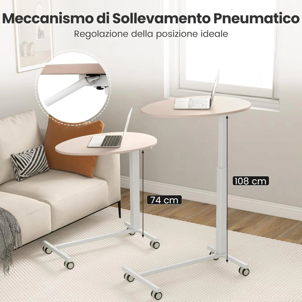 Tavolino da Letto e Divano per PC, Tavolino Regolabile in Altezza con Ruote Bloccabili e Piano Ovale, Tavolo per Mangiare e Lavorare, 76 x 50 x 74-108 cm
