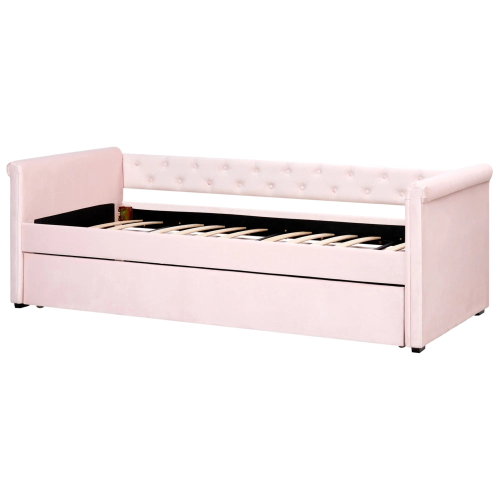 Letto singolo con letto aggiuntivo a scomparsa in velluto 90 x 200 cm rosa pastello cameretta stile moderno